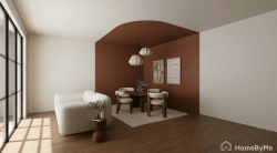 Decorating idea for a dining area: modern asymmetry on the wall and ceiling