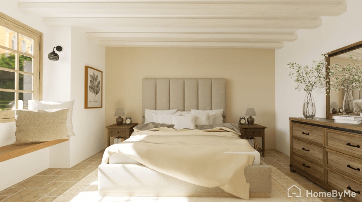 High realistic-rendered view of a farmhouse bedroom