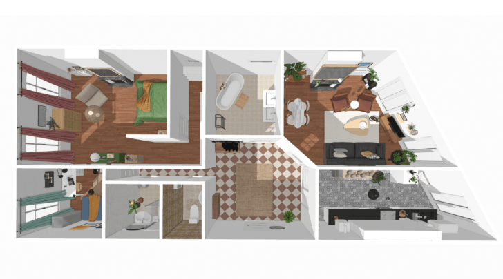 3d floor plan of a 2 bedroom 2 bath house plans