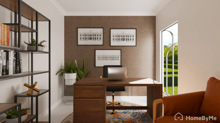 Mocha mousse accent wall in a home office