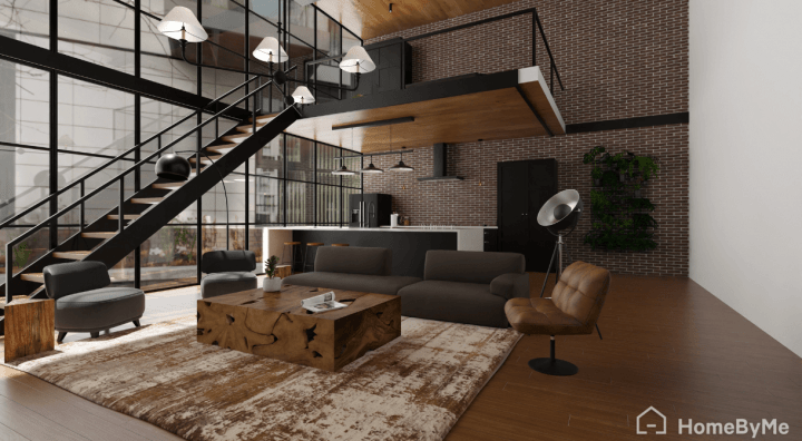 Industrial living room with loft