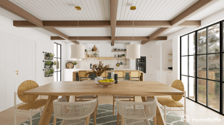 Bright bohemian kitchen interior featuring rattan lighting, rustic textures, and green tones in a realistic 4K render