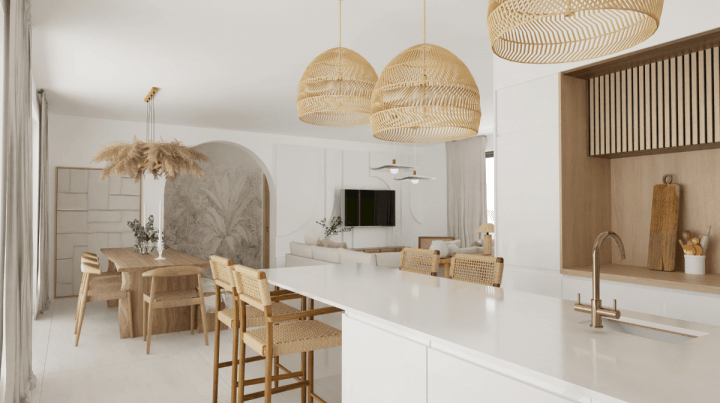 Contemporary boho kitchen interior with rustic dining table, hanging plants, and soft beige palette created using HomeByMe.