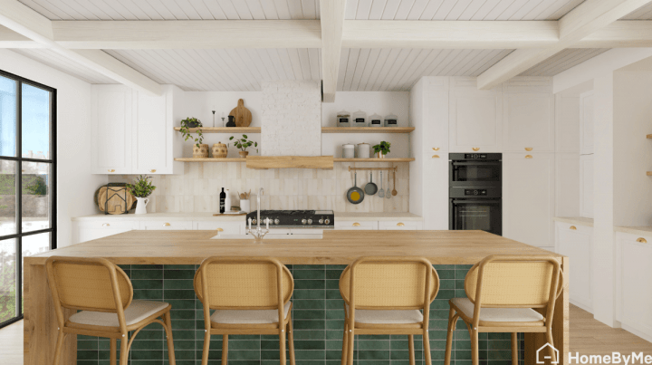Realistic 4K boho kitchen design with white cabinets, natural wood accents, and woven decor created with HomeByMe.