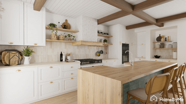 Stylish bohemian white kitchen with handcrafted decor, open shelving, and airy natural ambiance in ultra realistic 4K render.