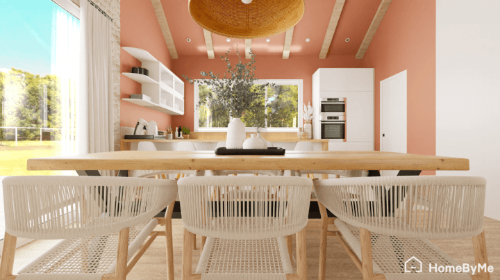 Trendy bohemian kitchen design combining modern white cabinetry and peach puzz tones