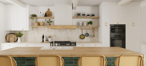 Modern boho chic kitchen with open wooden shelves, indoor plants, and soft earthy colors rendered in 4K with HomeByMe.
