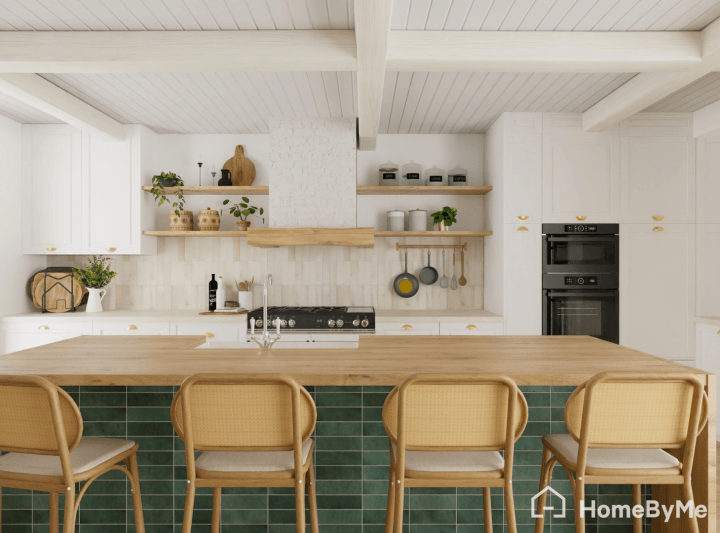 Modern boho chic kitchen with open wooden shelves, indoor plants, and soft earthy colors rendered in 4K with HomeByMe.