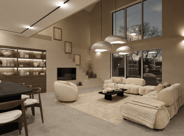 Very trendy spacious living room with cool accent and big rounded furniture