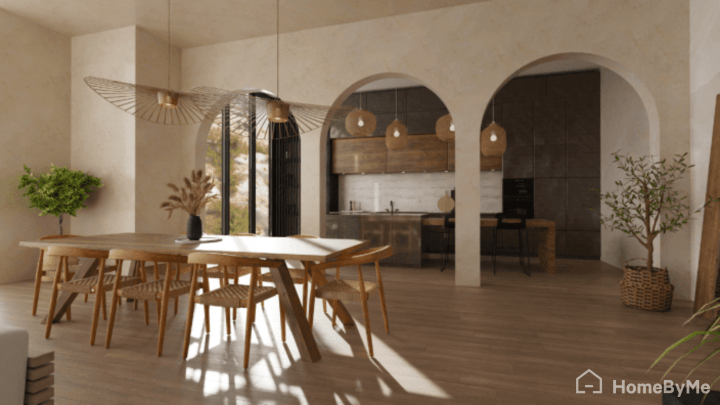 Kitchen layout planner example of a design of a dining space and trendy kitchen