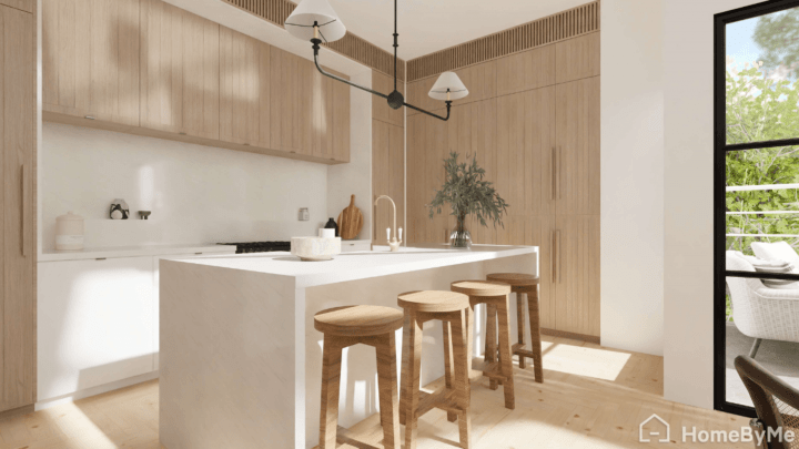 Light colors kitchen layout with touches of a wood furniture