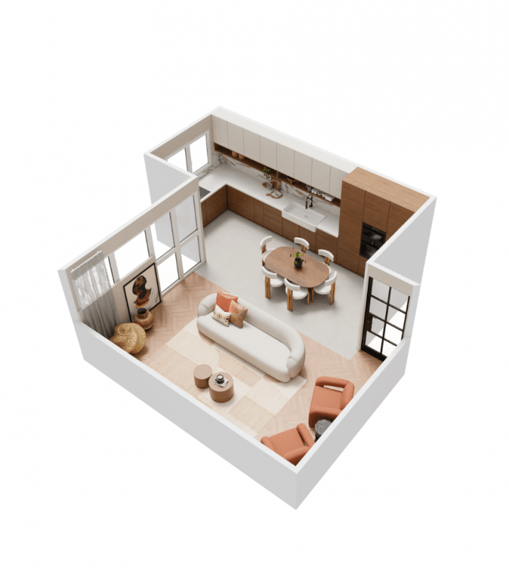 Living room 3D plan of a mid-century living room generated with Homebyme planner