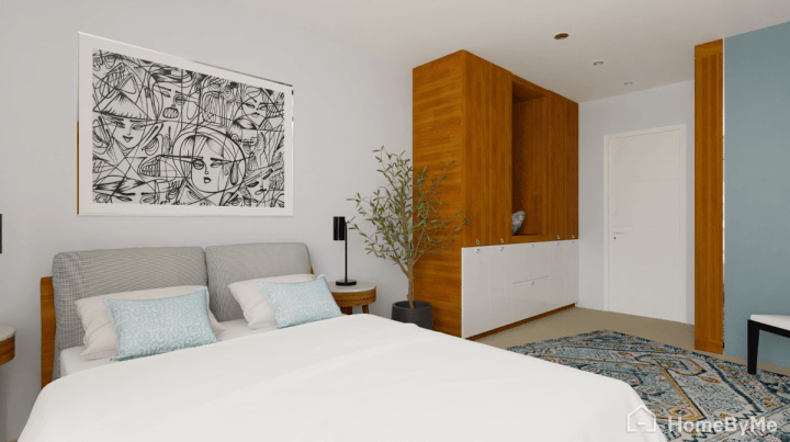 Bleu and wood Mid century bedroom