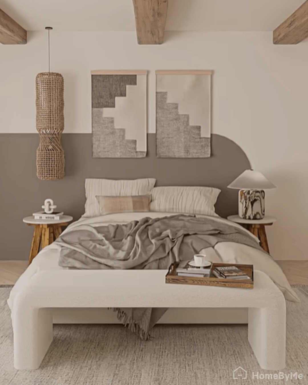 asymmetrical rounded painted headboard in a contemporary style