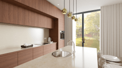 Scandinavian kicthen ideas with big windows and delicate marble counter island