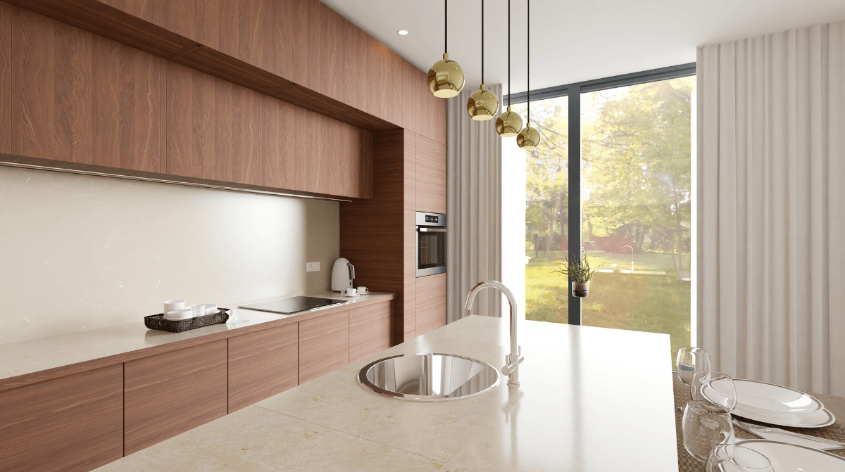 Scandinavian kicthen ideas with big windows and delicate marble counter island