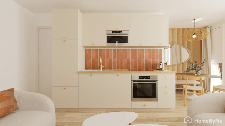 Elegant Scandinavian kitchen with pink and white cabinetry and wood details