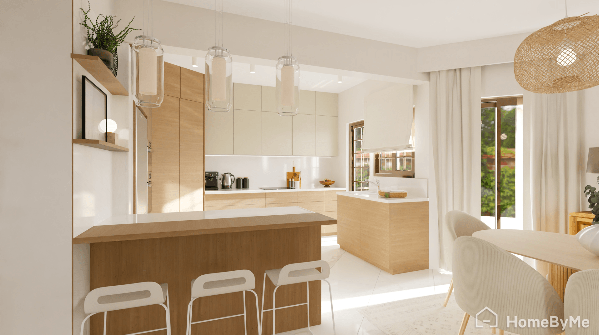 Nordic kitchen design with white surfaces and warm wood accents