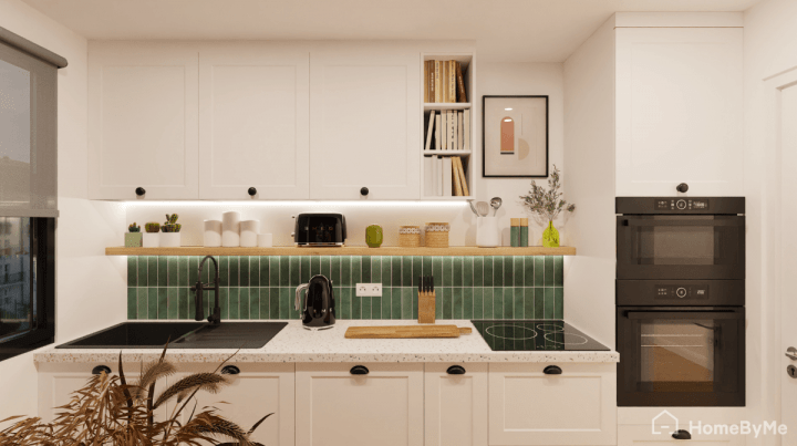 Single wall kitchen layout with led and island counter