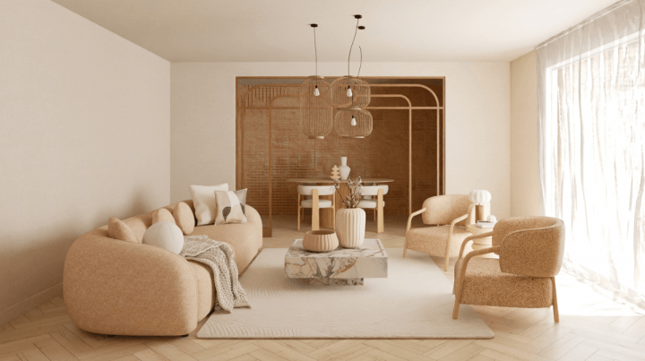 Trendy beige modern living room decor