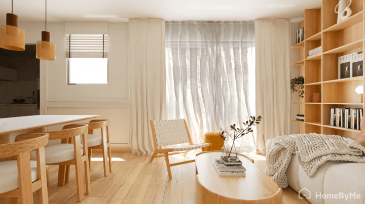 High realistic view of a scandinavian style living and dining area