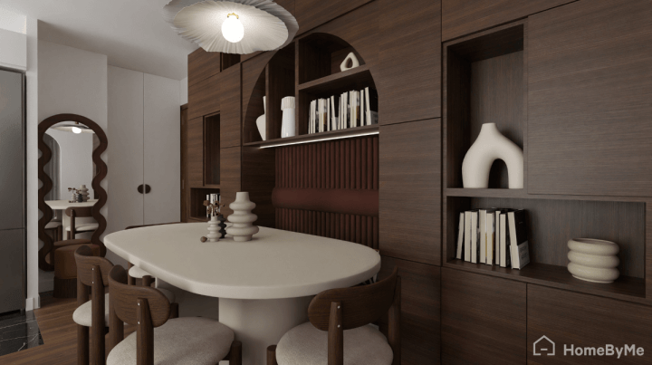 4K realistic image of a trendy living room design with darker and richer wood tones for 2026