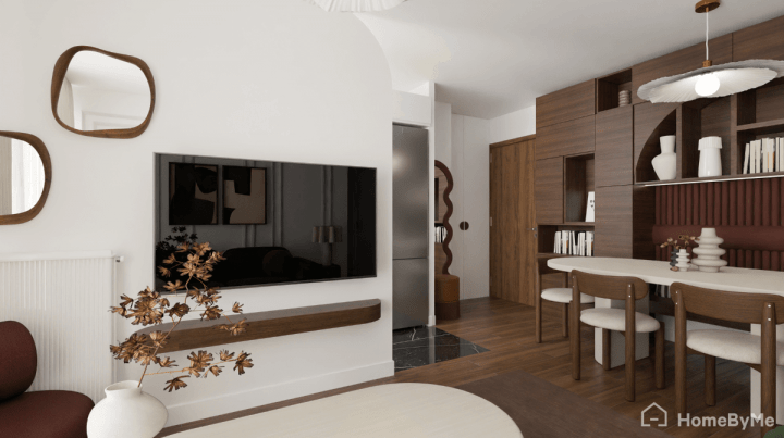 4K realistic image of an tv-space shaped with walnut wood.