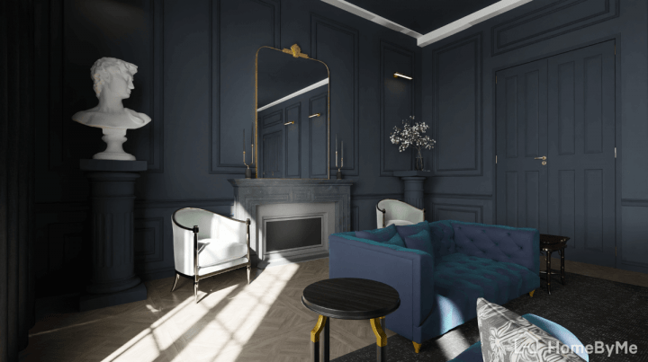 4K realistic image of a trendy living room in rich moody color drenching