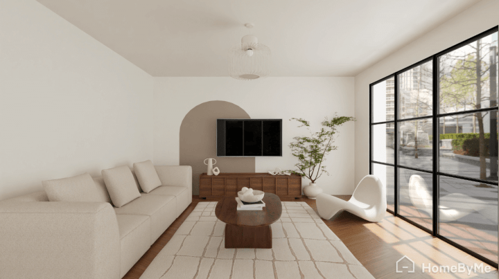 Offset horizontal rounded beige paint idea on the TV unit wall in a modern living room