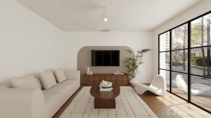 beige arch paint idea on the TV unit wall in a modern living room