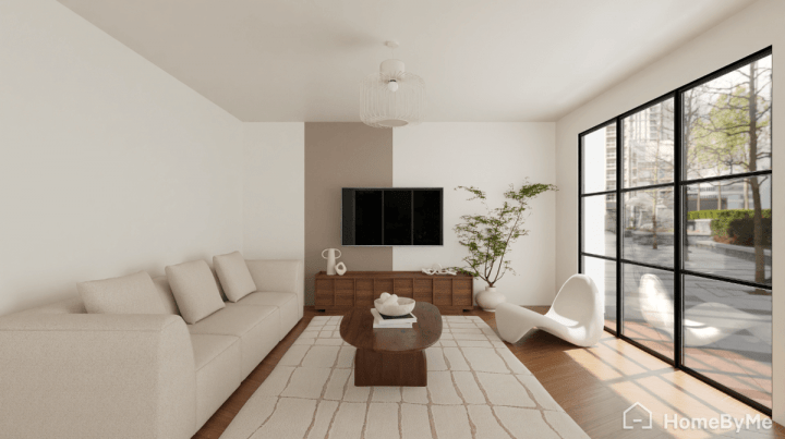 Straight-line beige paint idea on the TV unit wall in a modern living room