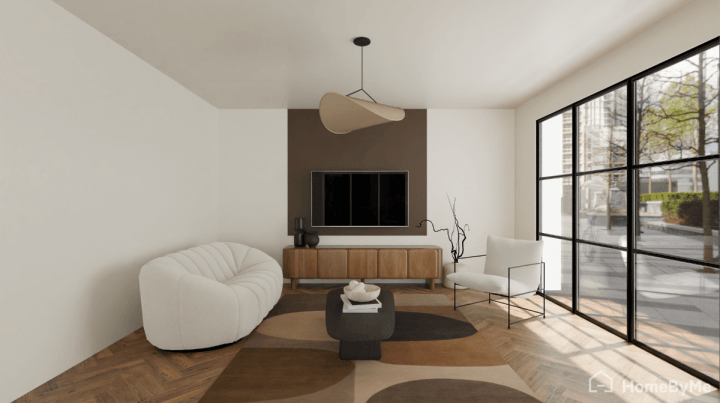 Straight-line brown paint idea on the TV unit wall in a modern living room