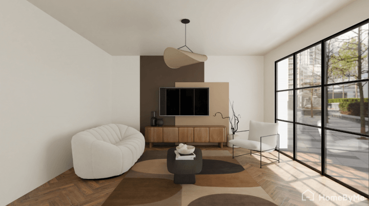 Paint idea with double brown and beige bands on the TV unit wall in a modern living room