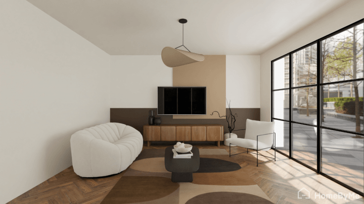 Paint idea with two crossed brown and beige bands on the TV unit wall in a modern living room