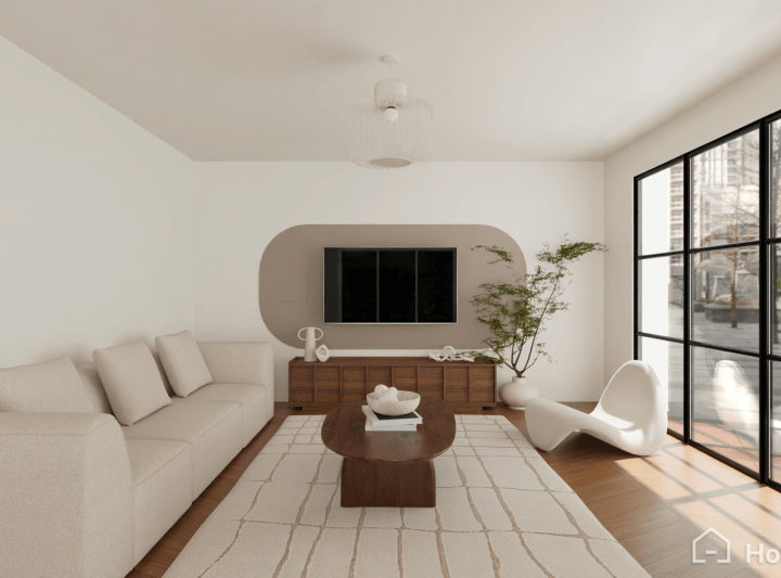 Vertical rounded beige paint idea on the TV unit wall in a modern living room